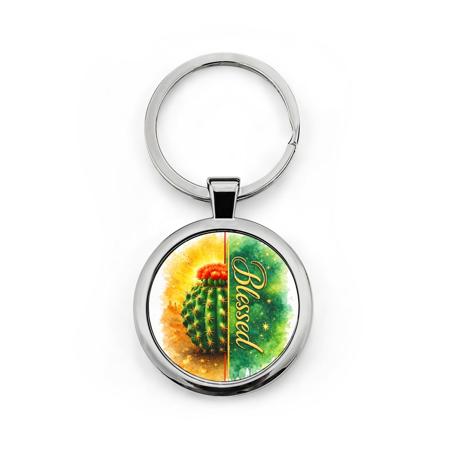 Blessed Cactus Round Stainless Steel Keychain